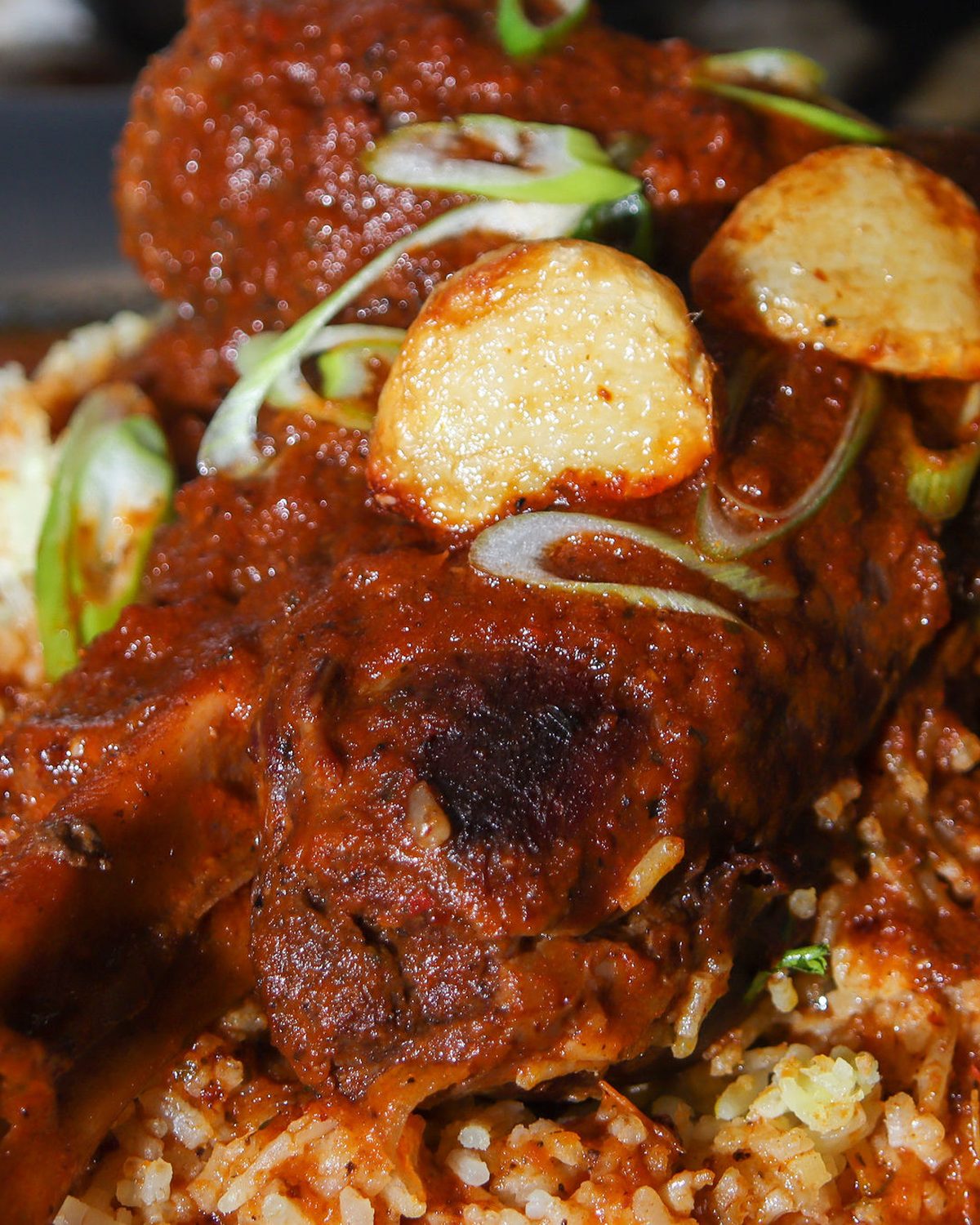 24-hour braised lamb shank resting on saffron rice