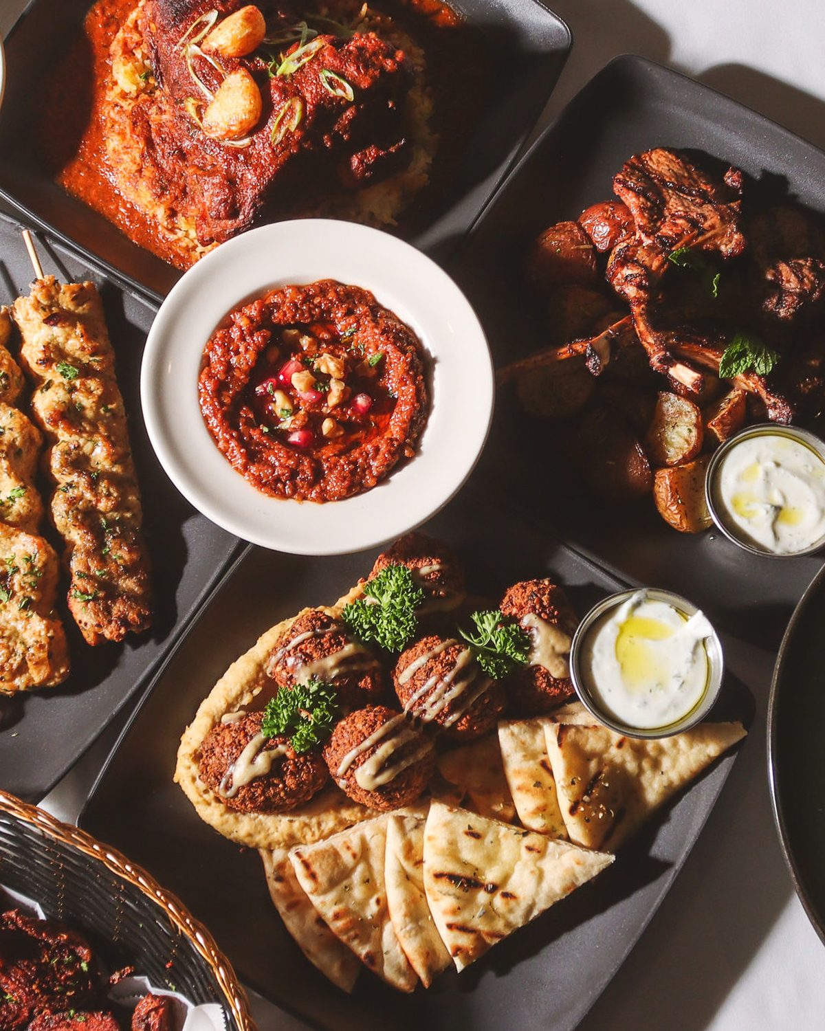 Mixed grill platter with kabobs, falafel and mezze