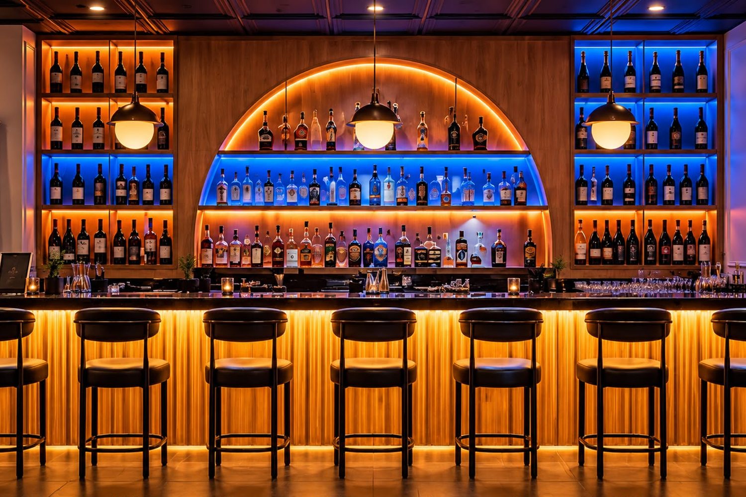 The backlit bar: bottles on amber and blue shelves under an arch, seven stools at the counter