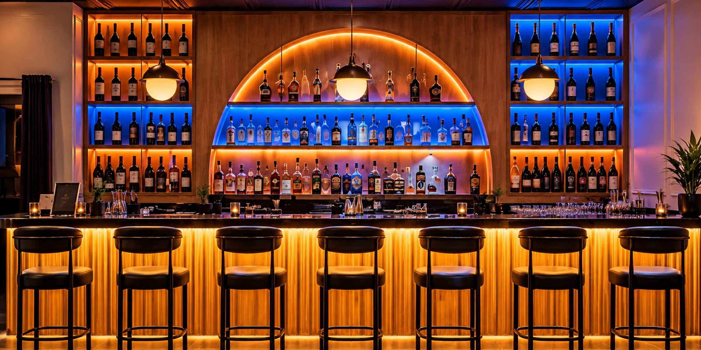 The backlit bar, bottles glowing on amber and blue shelves above a row of stools